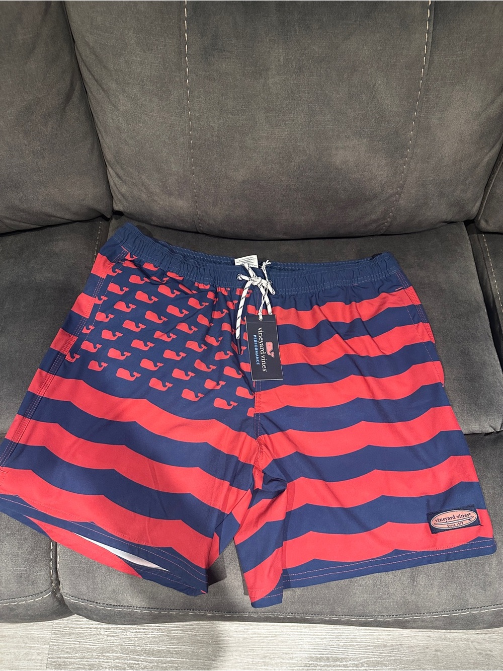 Vineyard Vines Red and Navy Whale-Print Striped Swim Trunks